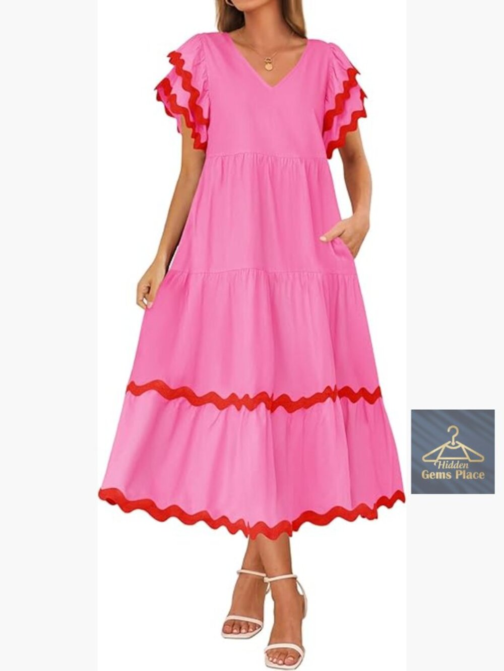 Summer Casual Midi Dress V Neck Flutter Sleeve Ruffle Tiered A Line